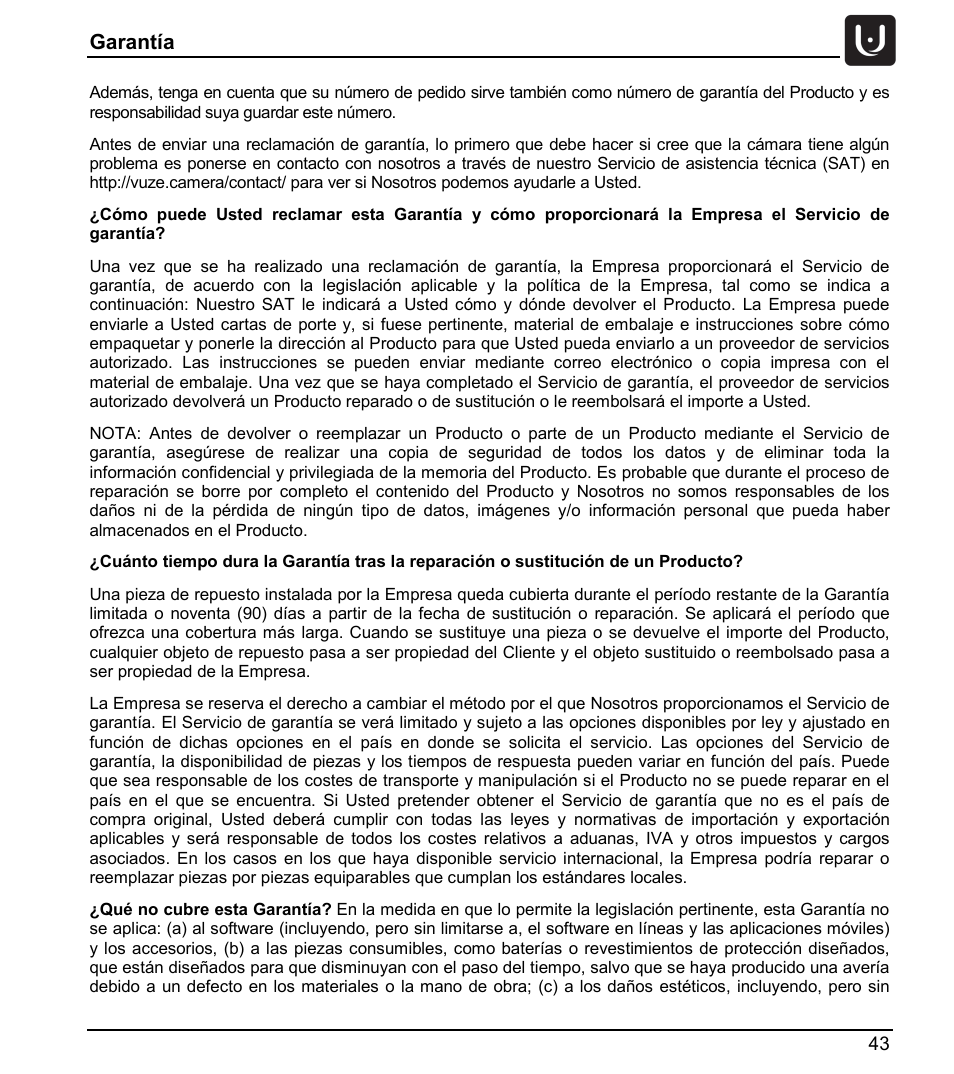 Garantía | Vuze 4K 3D 360 Spherical VR Camera (Yellow) User Manual | Page 43 / 113