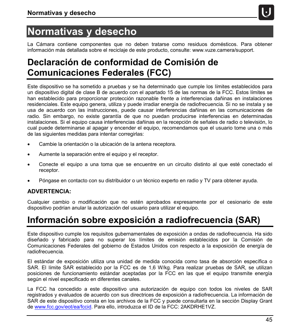 Normativas y desecho | Vuze 4K 3D 360 Spherical VR Camera (Yellow) User Manual | Page 45 / 113