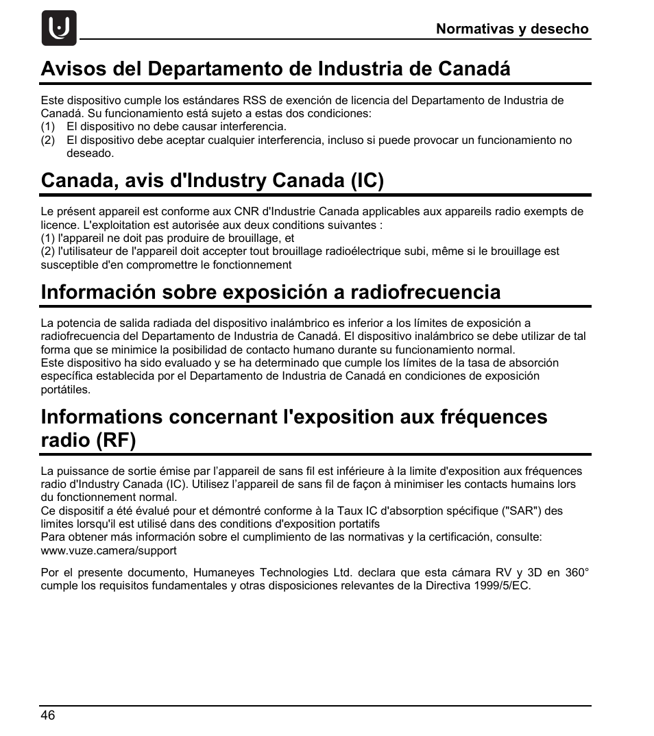 Avisos del departamento de industria de canadá, Canada, avis d'industry canada (ic), Información sobre exposición a radiofrecuencia | Vuze 4K 3D 360 Spherical VR Camera (Yellow) User Manual | Page 46 / 113