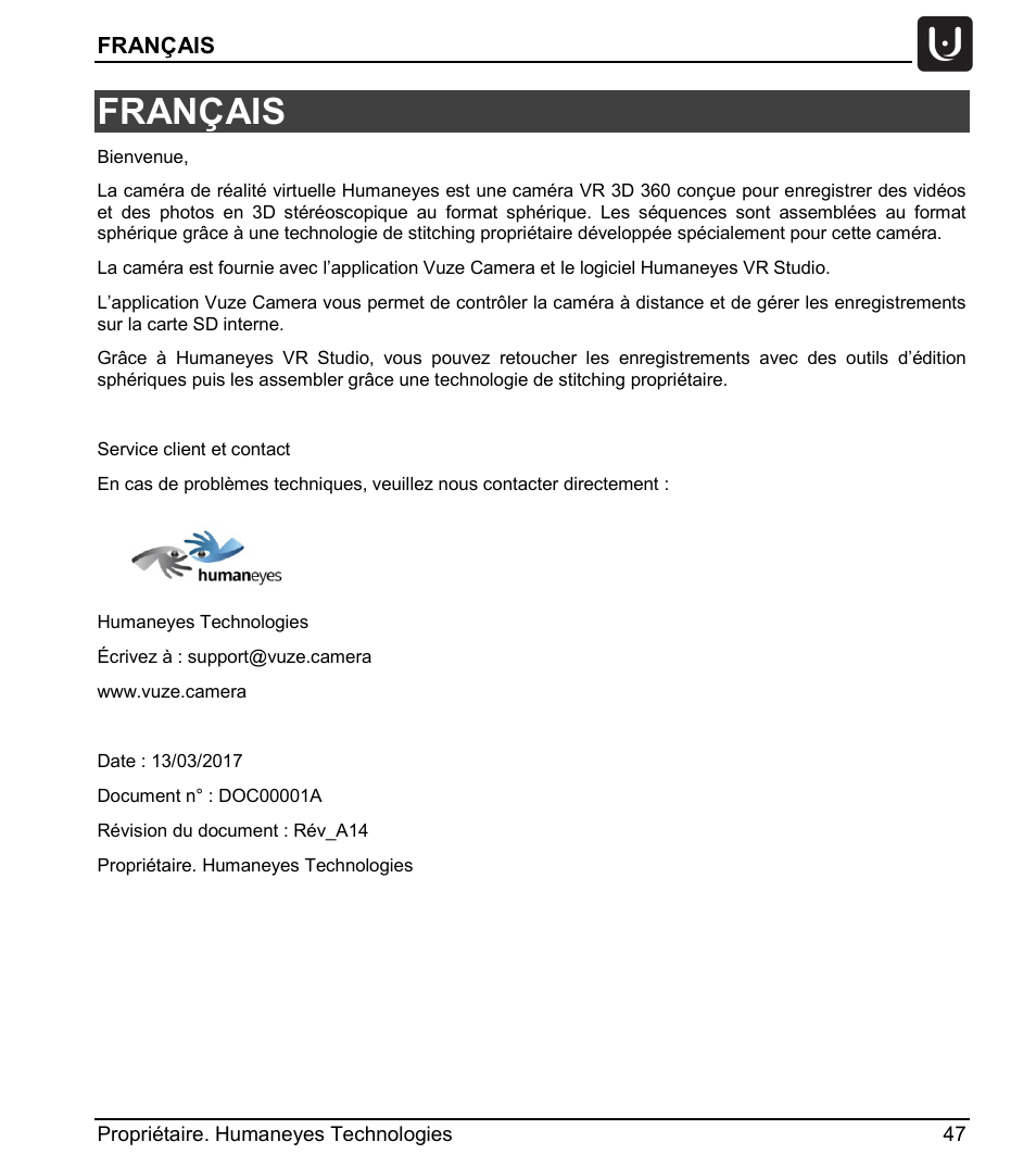 Français | Vuze 4K 3D 360 Spherical VR Camera (Yellow) User Manual | Page 47 / 113