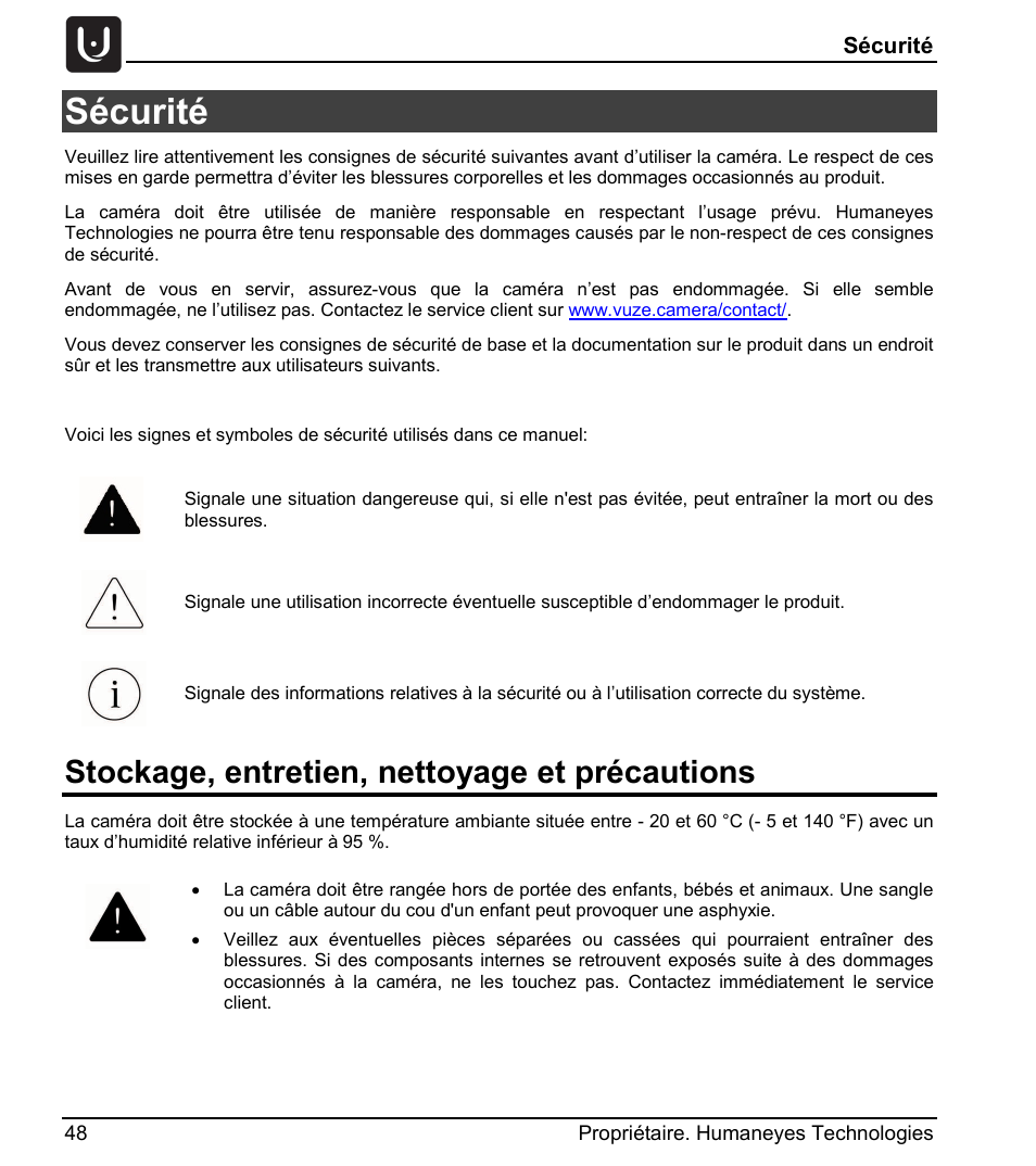 Sécurité, Stockage, entretien, nettoyage et précautions | Vuze 4K 3D 360 Spherical VR Camera (Yellow) User Manual | Page 48 / 113