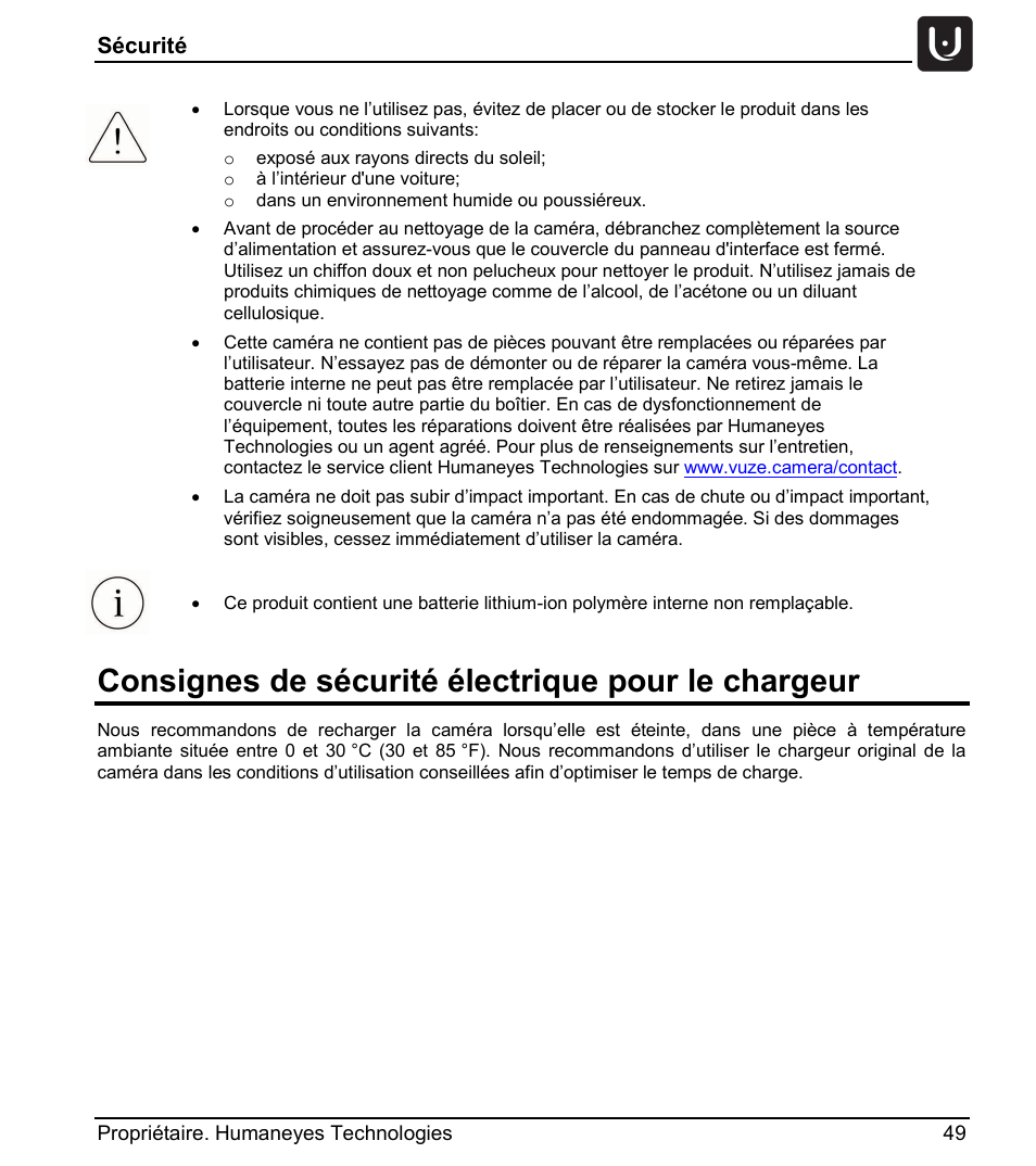 Consignes de sécurité électrique pour le chargeur | Vuze 4K 3D 360 Spherical VR Camera (Yellow) User Manual | Page 49 / 113