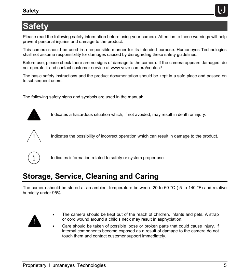Safety, Storage, service, cleaning and caring | Vuze 4K 3D 360 Spherical VR Camera (Yellow) User Manual | Page 5 / 113