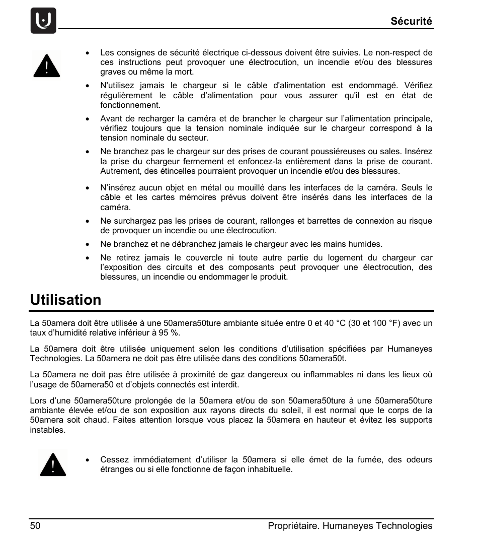 Utilisation, Sécurité | Vuze 4K 3D 360 Spherical VR Camera (Yellow) User Manual | Page 50 / 113