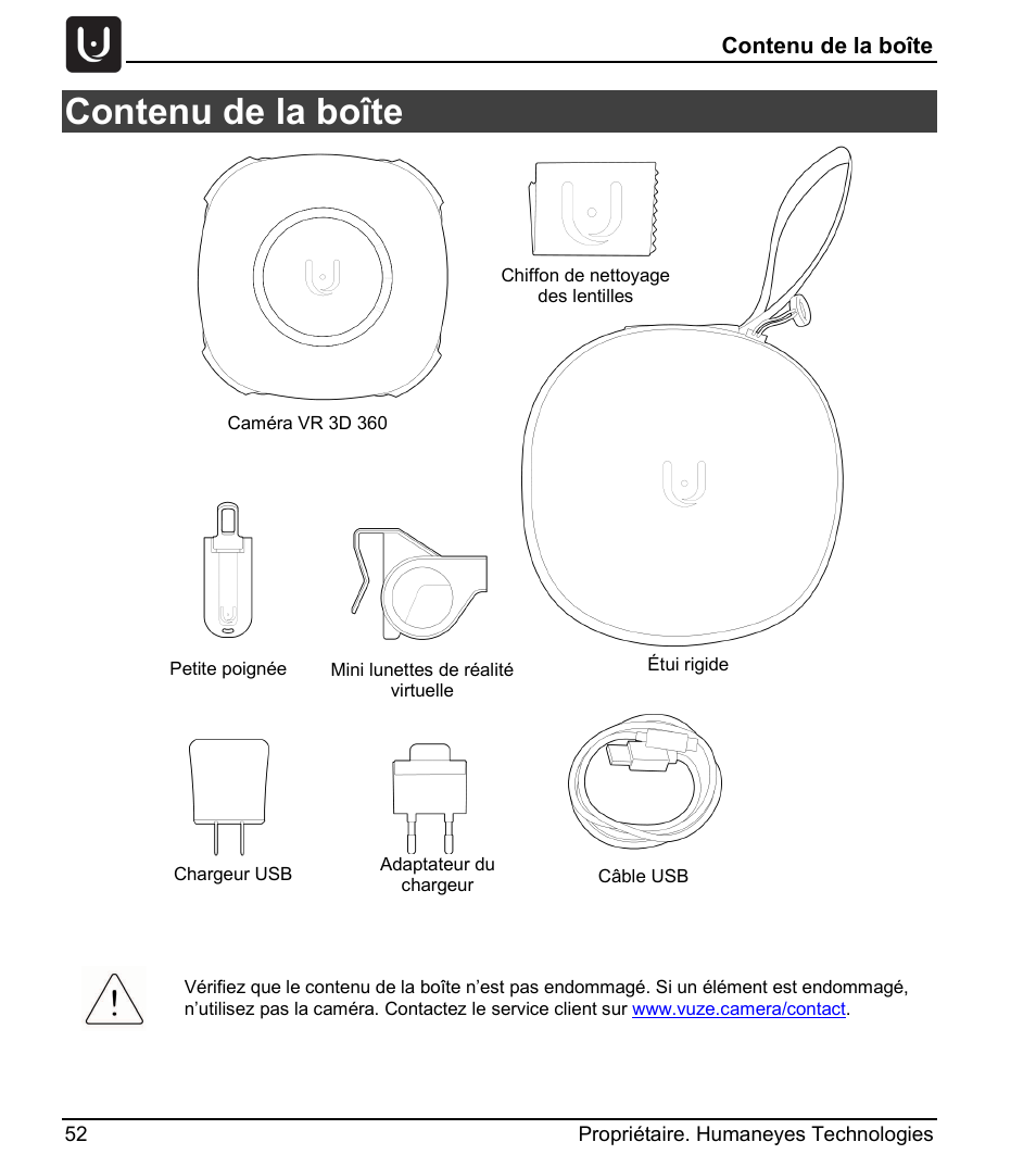 Contenu de la boîte | Vuze 4K 3D 360 Spherical VR Camera (Yellow) User Manual | Page 52 / 113