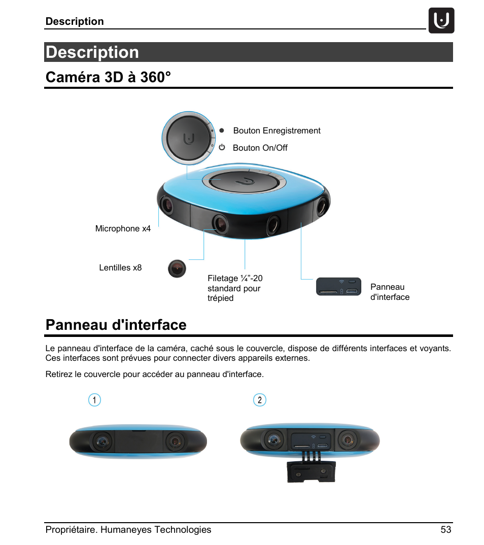 Description, Caméra 3d à 360, Panneau d'interface | Vuze 4K 3D 360 Spherical VR Camera (Yellow) User Manual | Page 53 / 113
