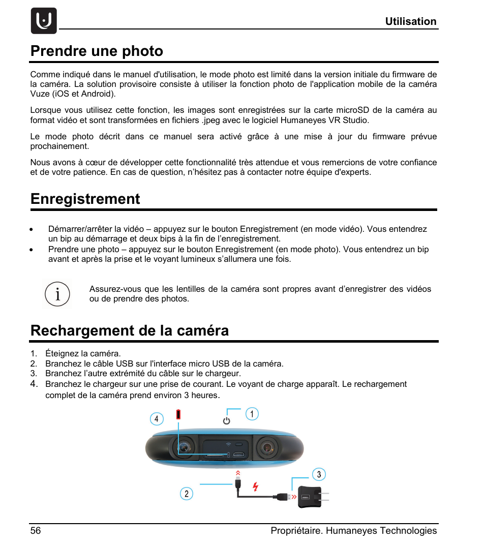 Prendre une photo, Enregistrement, Rechargement de la caméra | Vuze 4K 3D 360 Spherical VR Camera (Yellow) User Manual | Page 56 / 113