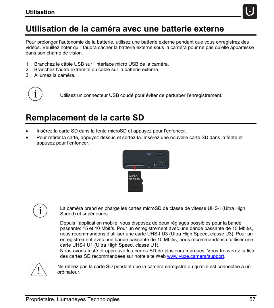 Utilisation de la caméra avec une batterie externe, Remplacement de la carte sd | Vuze 4K 3D 360 Spherical VR Camera (Yellow) User Manual | Page 57 / 113