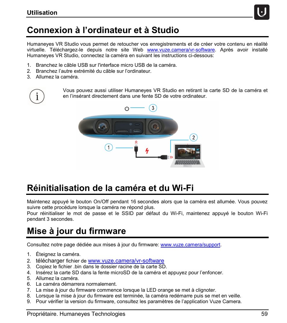 Connexion à l’ordinateur et à studio, Réinitialisation de la caméra et du wi-fi, Mise à jour du firmware | Vuze 4K 3D 360 Spherical VR Camera (Yellow) User Manual | Page 59 / 113