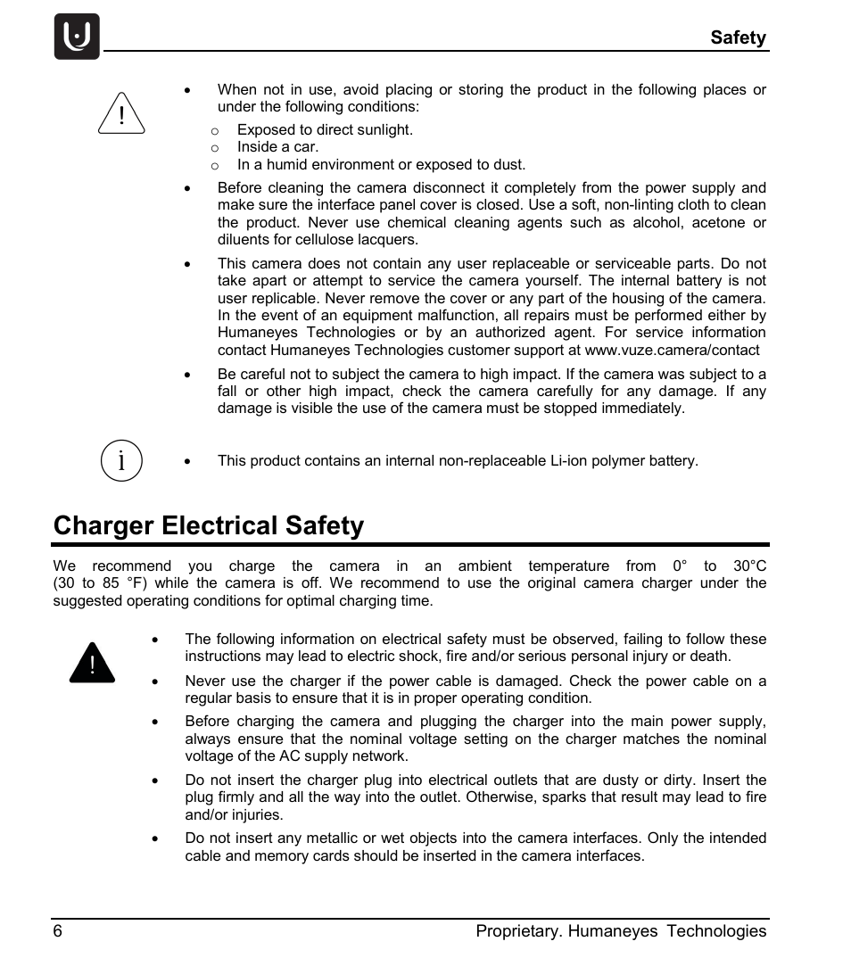 Charger electrical safety, Safety | Vuze 4K 3D 360 Spherical VR Camera (Yellow) User Manual | Page 6 / 113