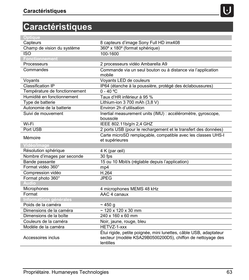 Caractéristiques | Vuze 4K 3D 360 Spherical VR Camera (Yellow) User Manual | Page 63 / 113