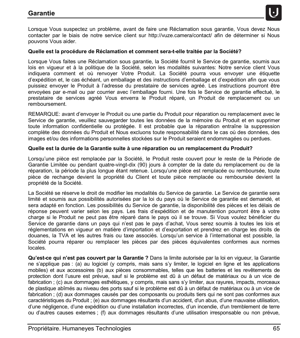 Garantie | Vuze 4K 3D 360 Spherical VR Camera (Yellow) User Manual | Page 65 / 113