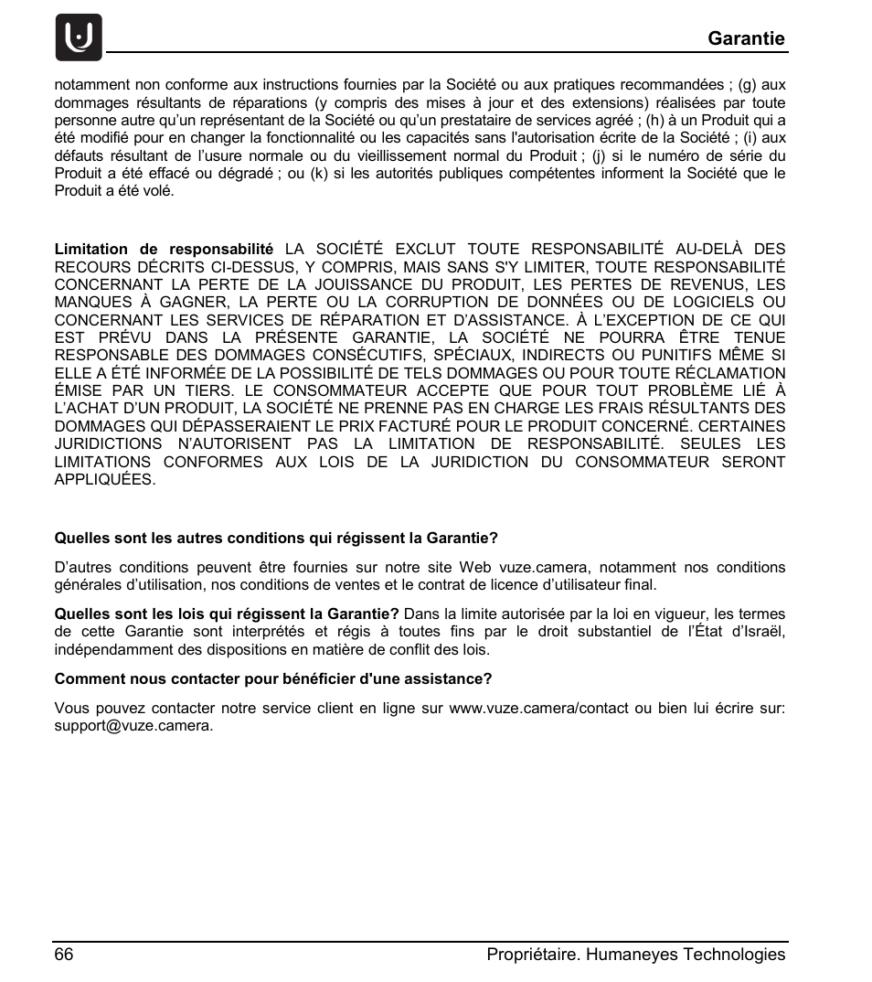 Garantie | Vuze 4K 3D 360 Spherical VR Camera (Yellow) User Manual | Page 66 / 113
