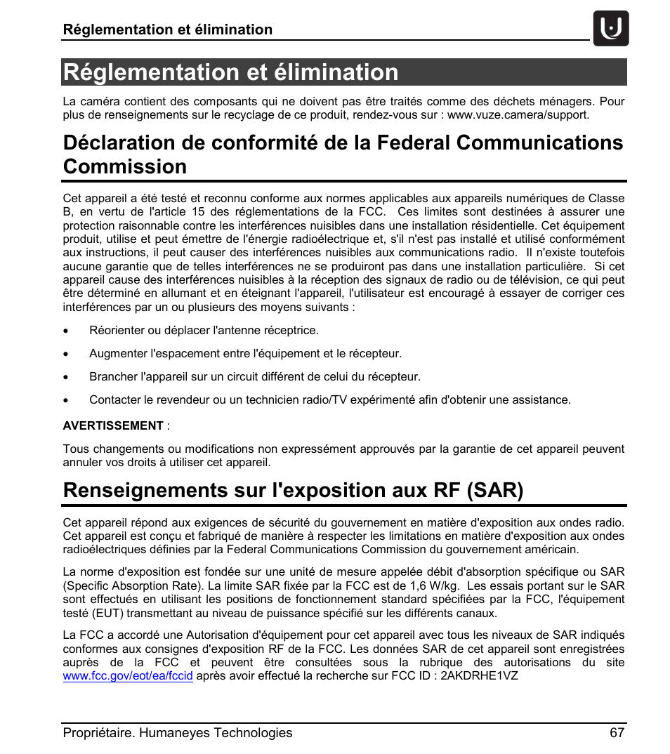 Réglementation et élimination, Renseignements sur l'exposition aux rf (sar) | Vuze 4K 3D 360 Spherical VR Camera (Yellow) User Manual | Page 67 / 113