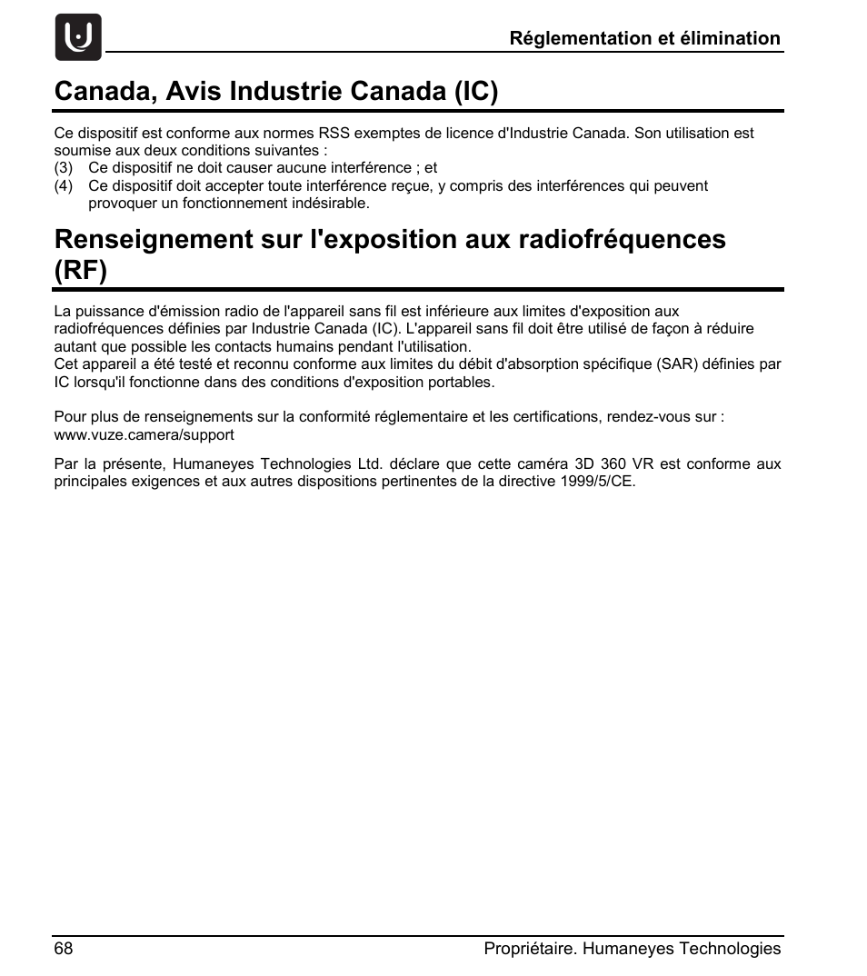 Canada, avis industrie canada (ic) | Vuze 4K 3D 360 Spherical VR Camera (Yellow) User Manual | Page 68 / 113