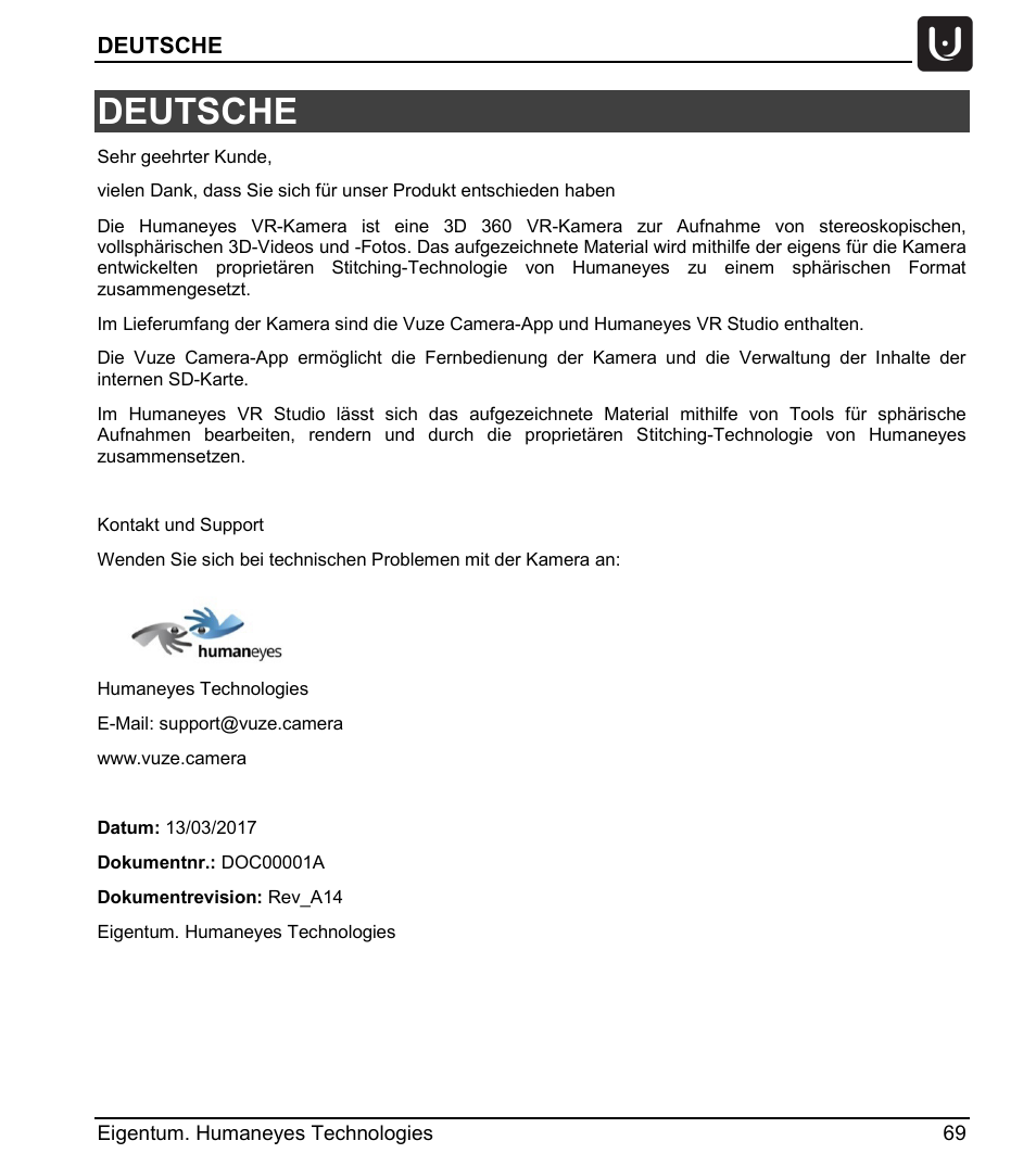 Deutsche | Vuze 4K 3D 360 Spherical VR Camera (Yellow) User Manual | Page 69 / 113