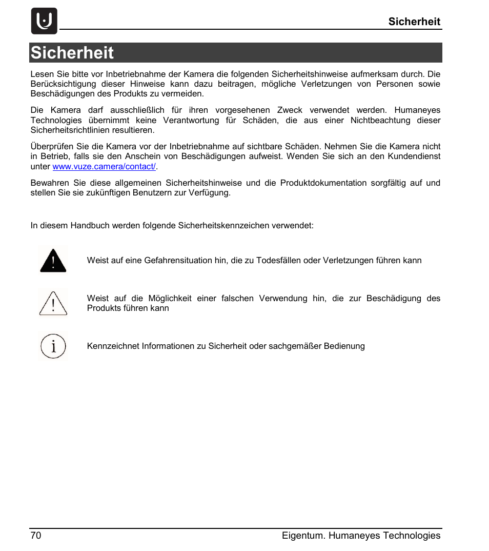 Sicherheit | Vuze 4K 3D 360 Spherical VR Camera (Yellow) User Manual | Page 70 / 113