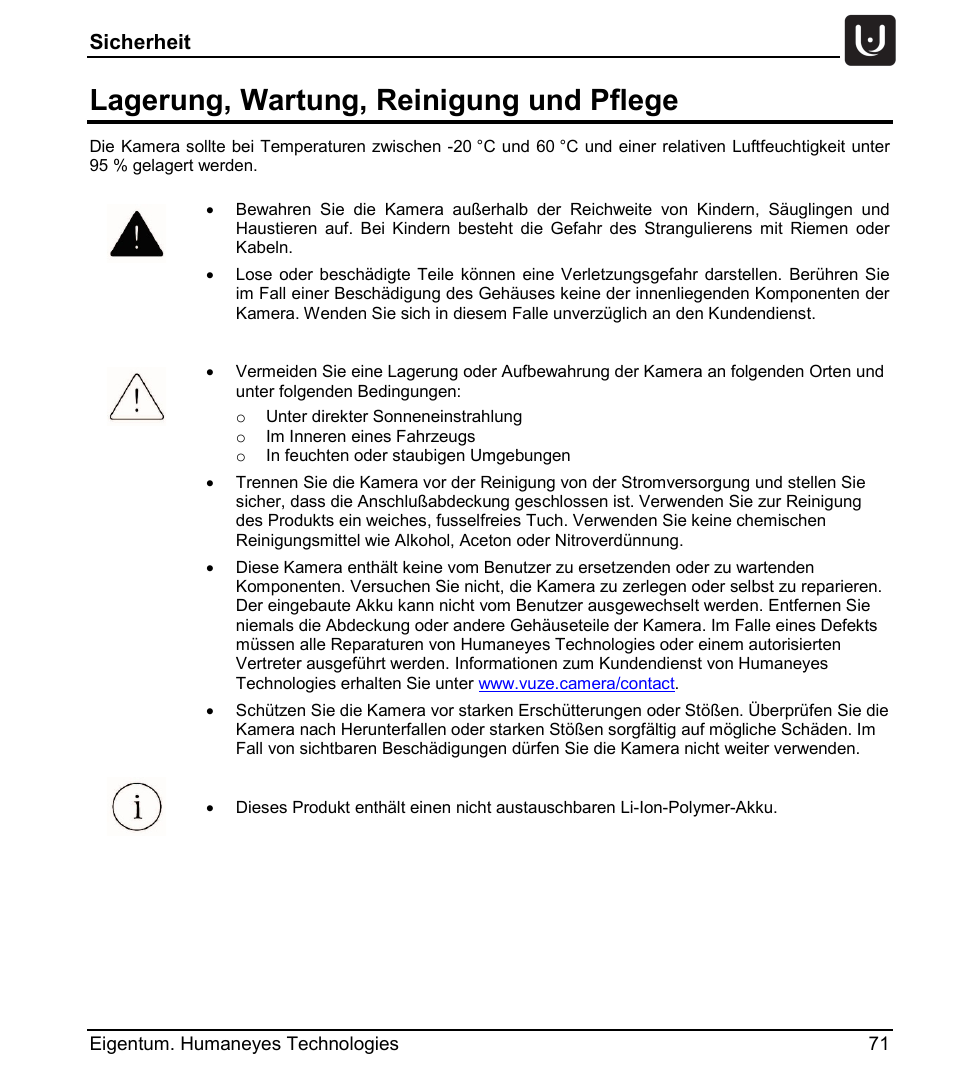Lagerung, wartung, reinigung und pflege, Sicherheit | Vuze 4K 3D 360 Spherical VR Camera (Yellow) User Manual | Page 71 / 113