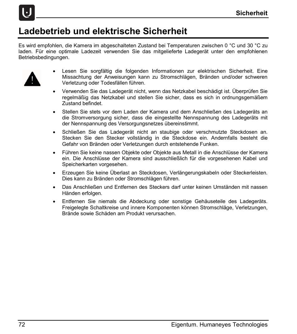 Ladebetrieb und elektrische sicherheit, Sicherheit | Vuze 4K 3D 360 Spherical VR Camera (Yellow) User Manual | Page 72 / 113