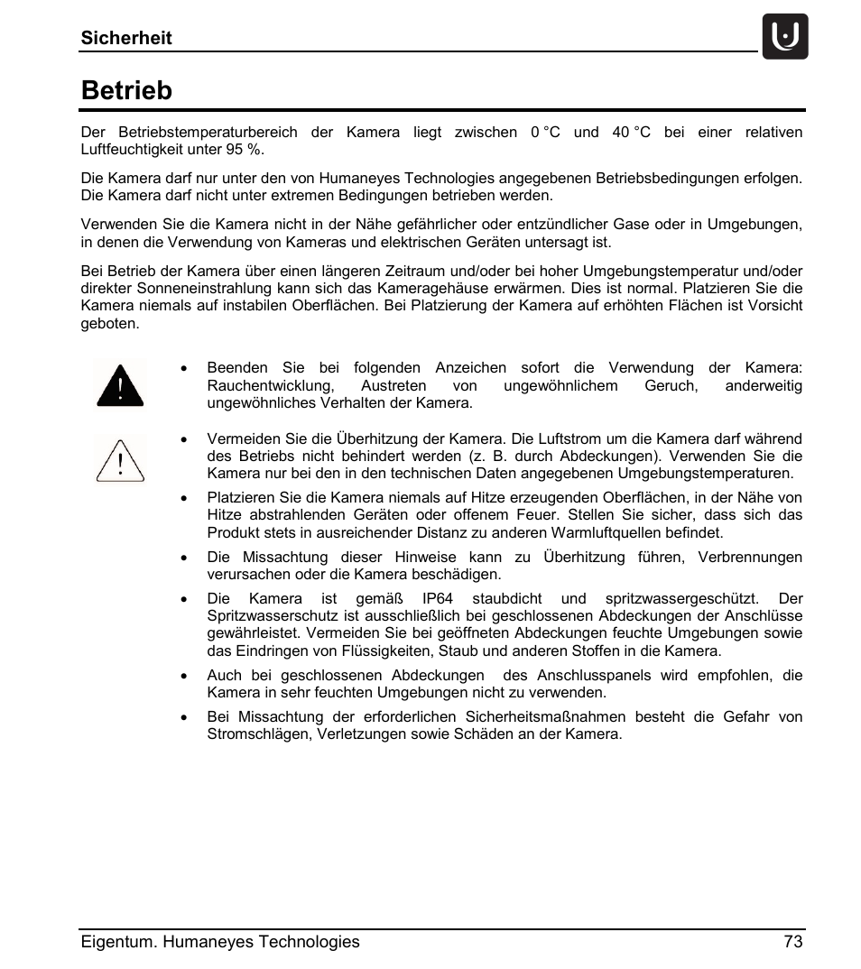 Betrieb, Sicherheit | Vuze 4K 3D 360 Spherical VR Camera (Yellow) User Manual | Page 73 / 113