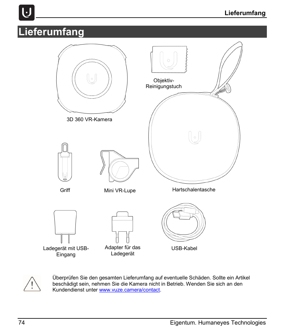 Lieferumfang | Vuze 4K 3D 360 Spherical VR Camera (Yellow) User Manual | Page 74 / 113