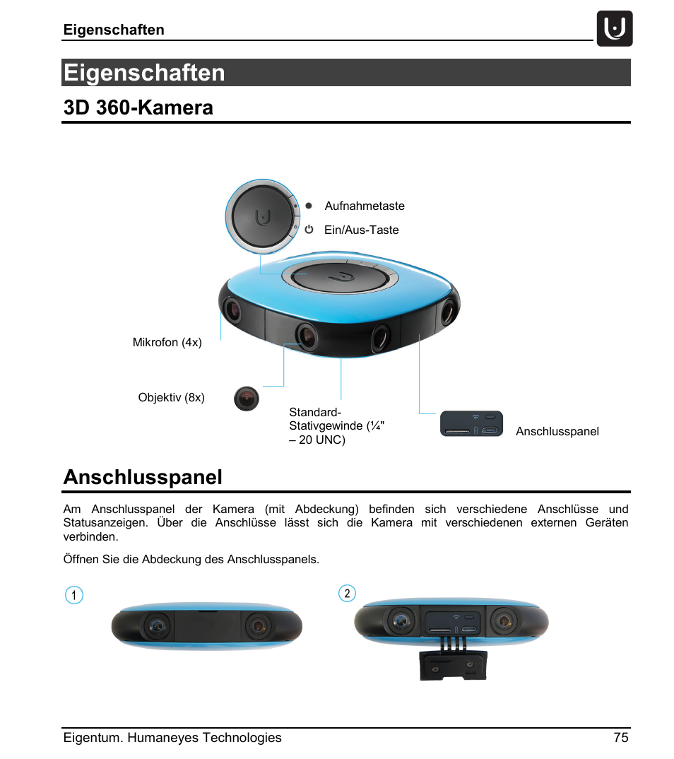 Eigenschaften, 3d 360-kamera, Anschlusspanel | Vuze 4K 3D 360 Spherical VR Camera (Yellow) User Manual | Page 75 / 113