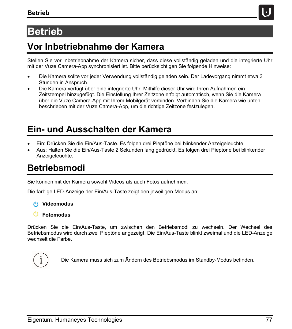 Betrieb, Vor inbetriebnahme der kamera, Ein- und ausschalten der kamera | Betriebsmodi | Vuze 4K 3D 360 Spherical VR Camera (Yellow) User Manual | Page 77 / 113
