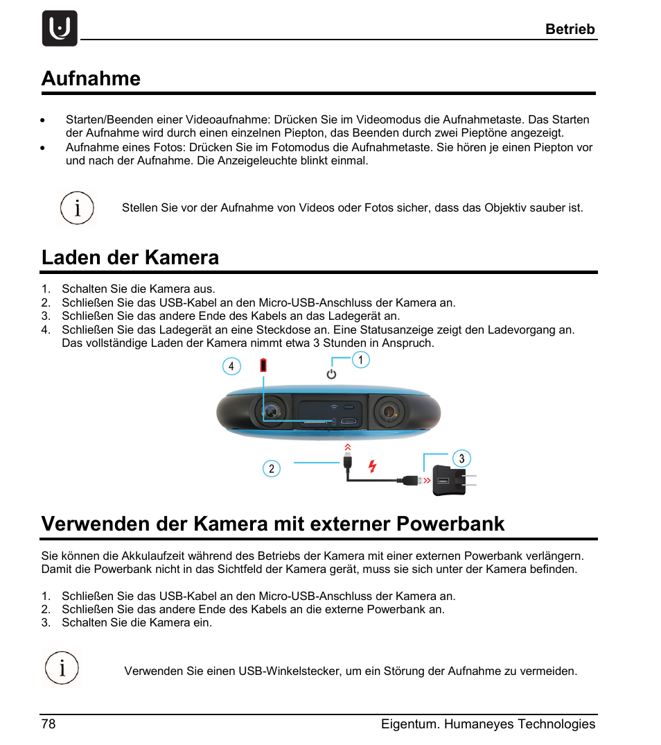 Aufnahme, Laden der kamera, Verwenden der kamera mit externer powerbank | Betrieb | Vuze 4K 3D 360 Spherical VR Camera (Yellow) User Manual | Page 78 / 113