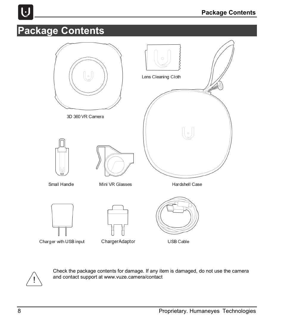 Package contents | Vuze 4K 3D 360 Spherical VR Camera (Yellow) User Manual | Page 8 / 113