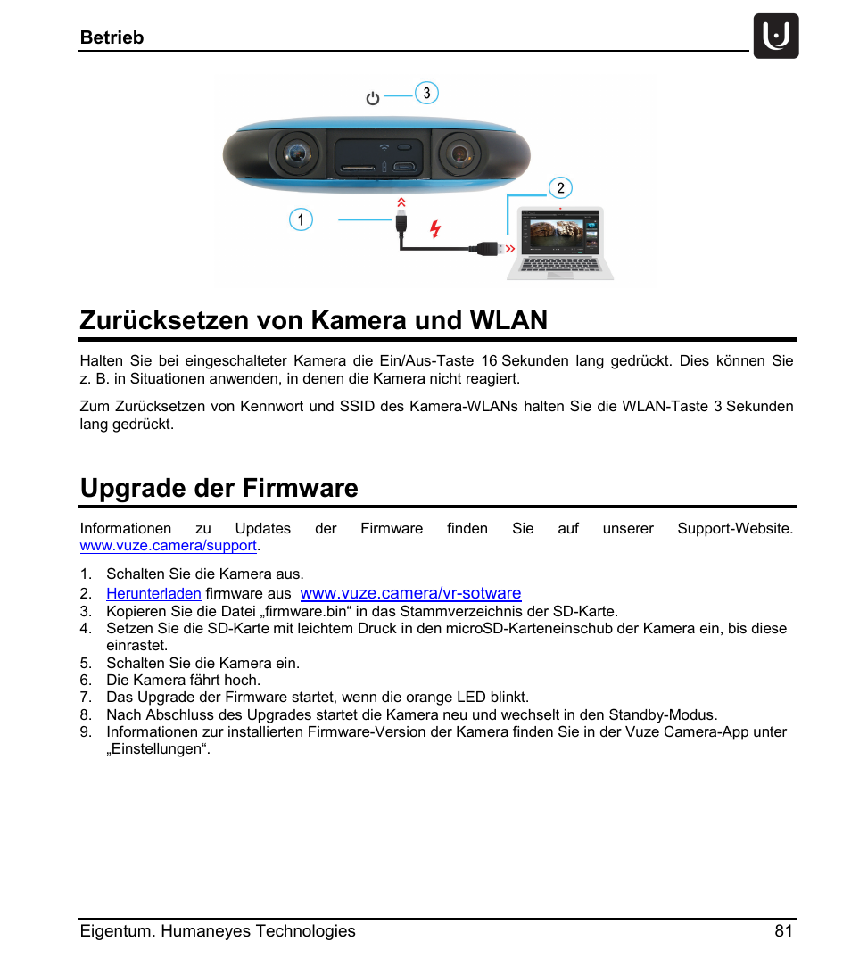 Zurücksetzen von kamera und wlan, Upgrade der firmware | Vuze 4K 3D 360 Spherical VR Camera (Yellow) User Manual | Page 81 / 113