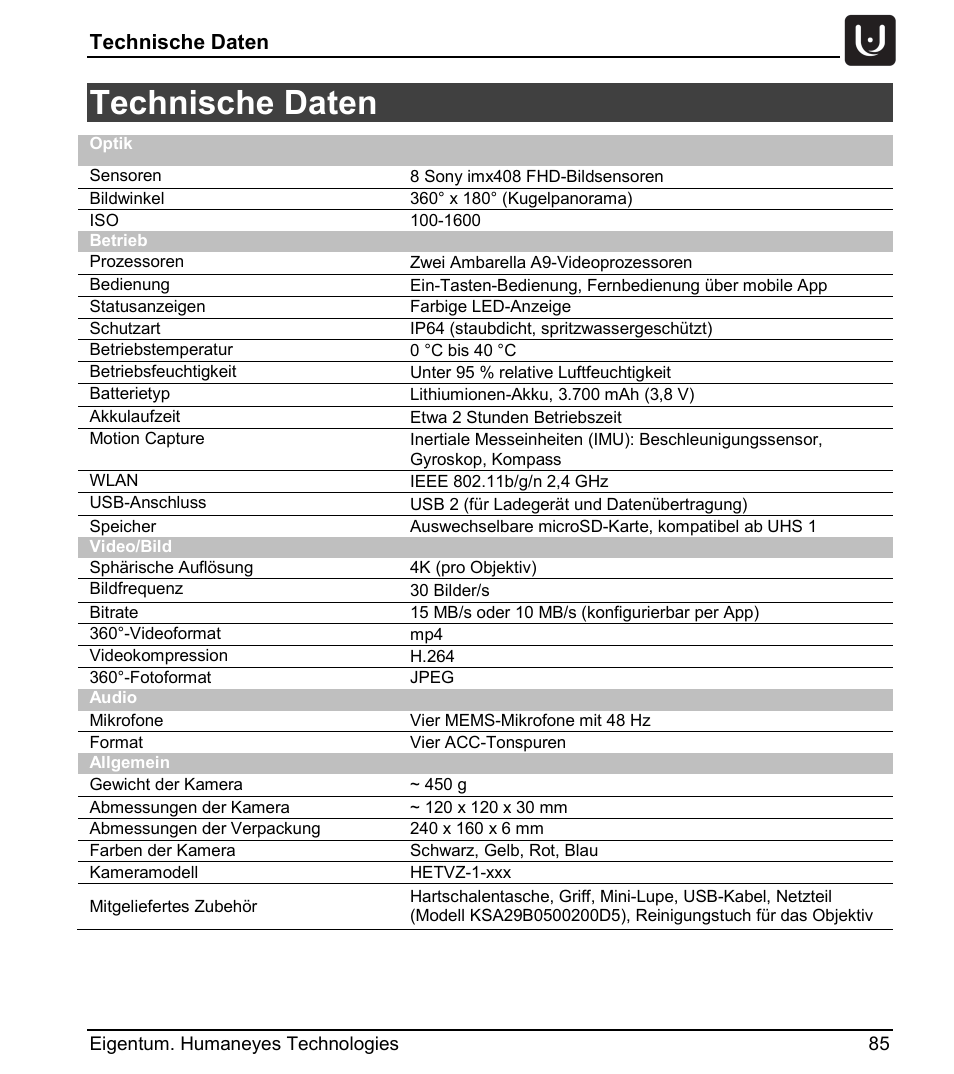Technische daten | Vuze 4K 3D 360 Spherical VR Camera (Yellow) User Manual | Page 85 / 113