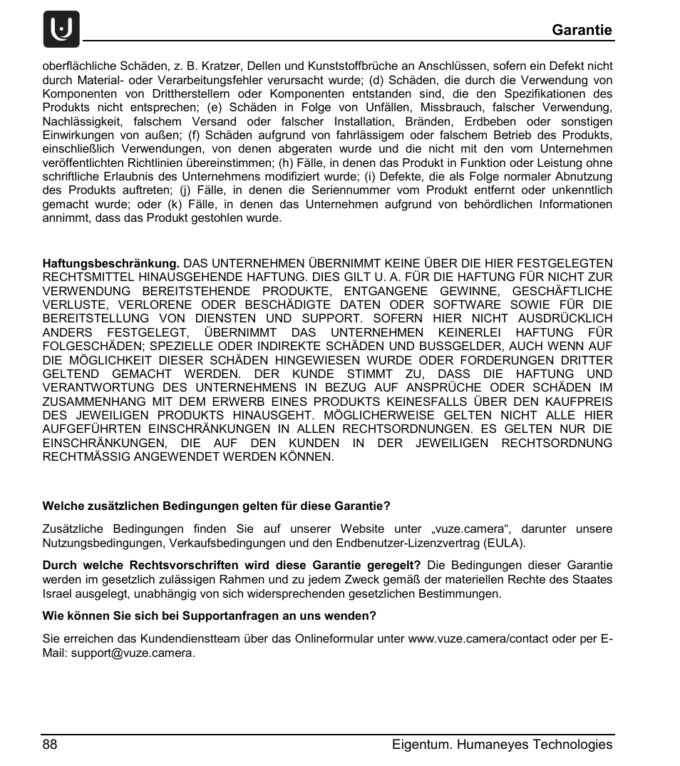 Garantie | Vuze 4K 3D 360 Spherical VR Camera (Yellow) User Manual | Page 88 / 113