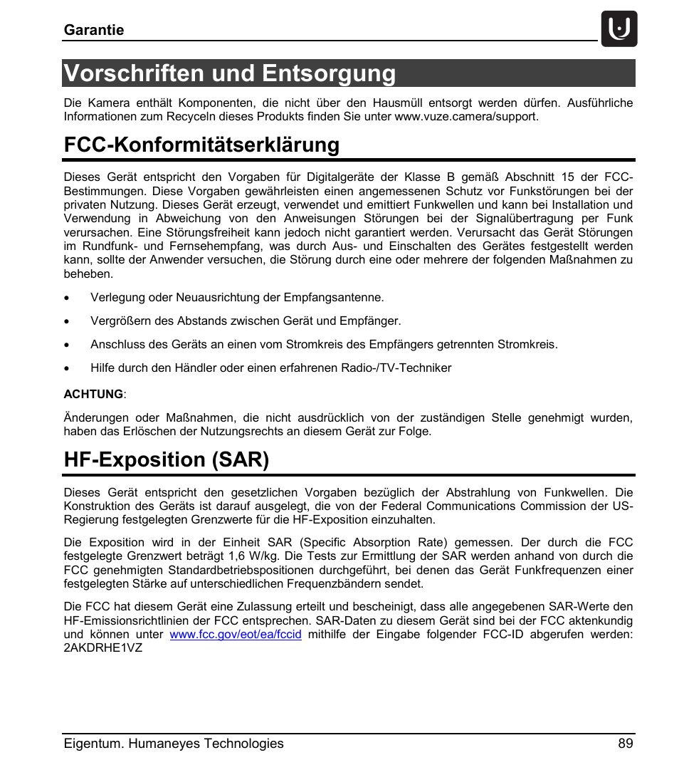 Vorschriften und entsorgung, Fcc-konformitätserklärung, Hf-exposition (sar) | Vuze 4K 3D 360 Spherical VR Camera (Yellow) User Manual | Page 89 / 113