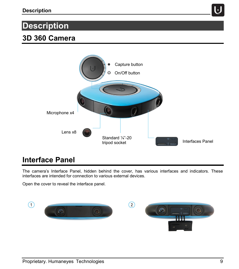 Description, 3d 360 camera, Interface panel | Vuze 4K 3D 360 Spherical VR Camera (Yellow) User Manual | Page 9 / 113