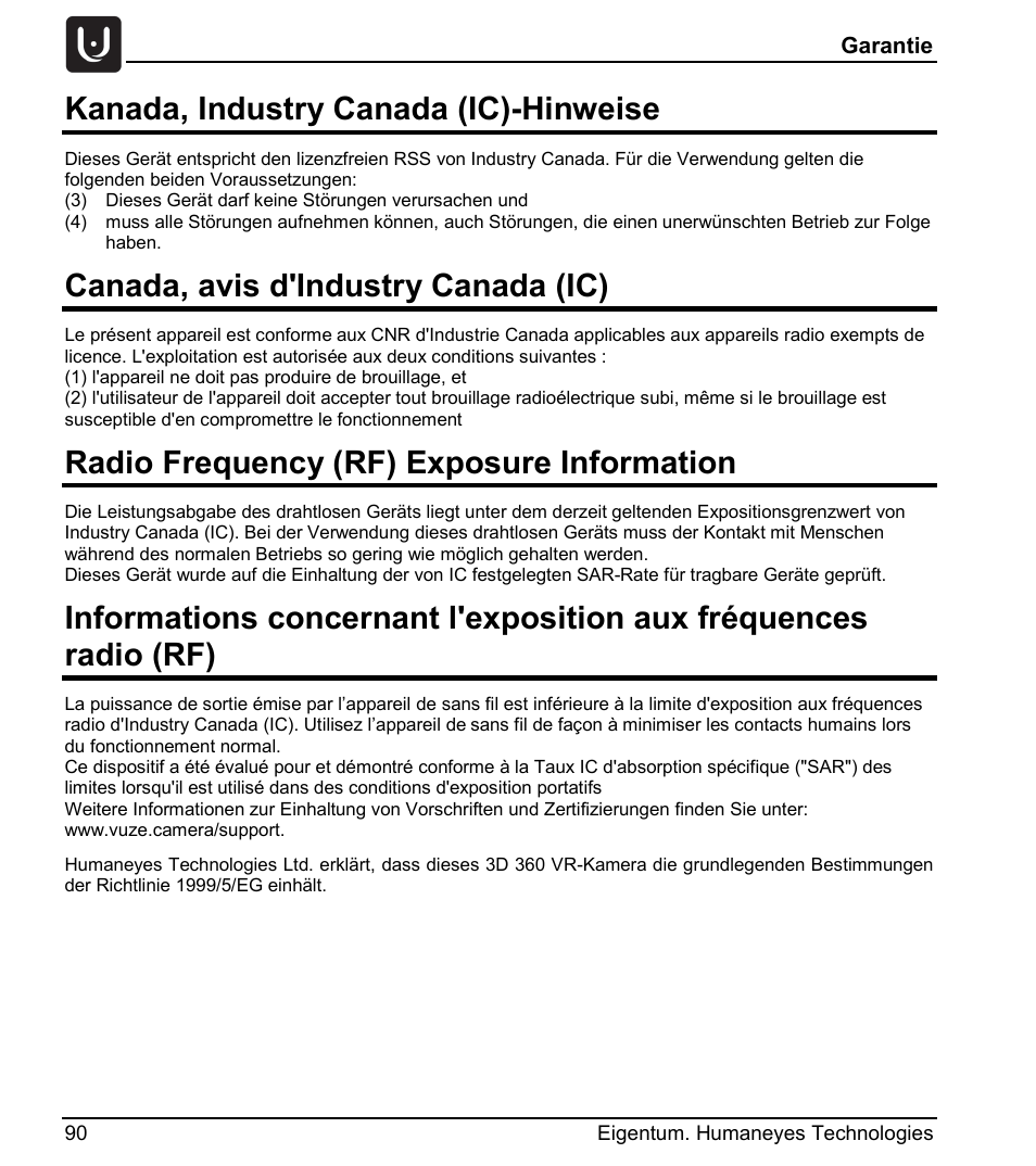 Kanada, industry canada (ic)-hinweise, Canada, avis d'industry canada (ic), Radio frequency (rf) exposure information | Vuze 4K 3D 360 Spherical VR Camera (Yellow) User Manual | Page 90 / 113
