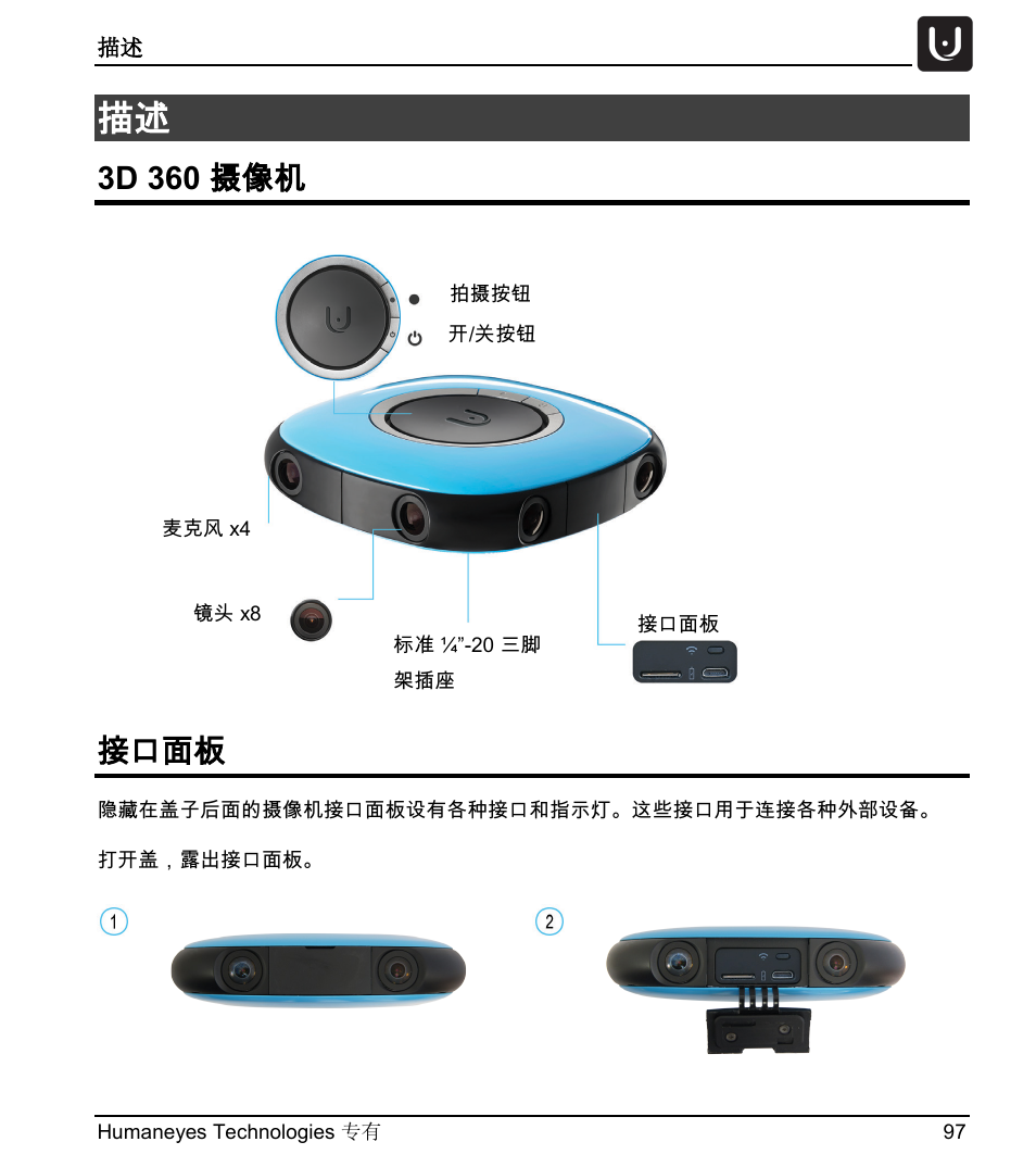 3d 360 摄像机, 接口面板 | Vuze 4K 3D 360 Spherical VR Camera (Yellow) User Manual | Page 97 / 113