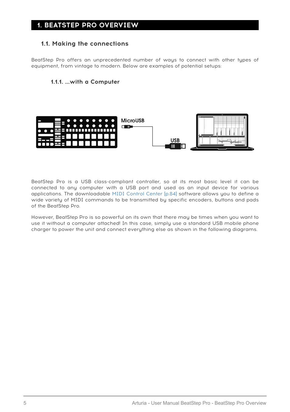Beatstep pro overview, Making the connections, With a computer | Arturia BeatStep Pro MIDI/Analog Controller and Sequencer Kit with CV/Gate Cables (Black) User Manual | Page 10 / 137