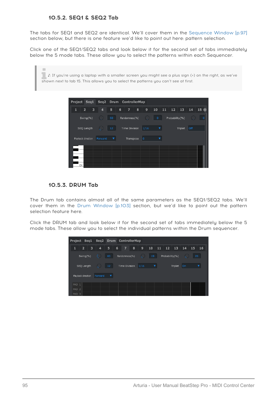 Seq1 & seq2 tab, Drum tab | Arturia BeatStep Pro MIDI/Analog Controller and Sequencer Kit with CV/Gate Cables (Black) User Manual | Page 100 / 137