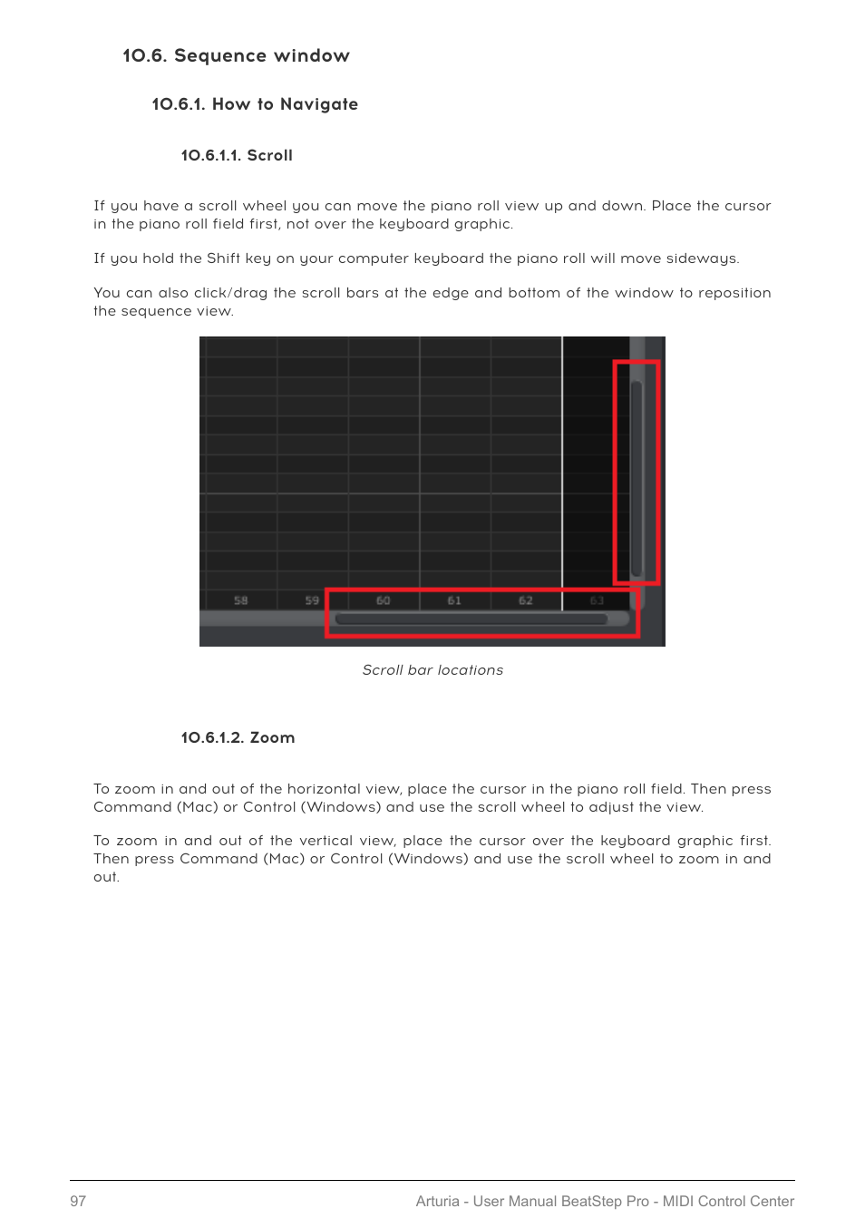 Sequence window, How to navigate, Scroll | Zoom, Sequence window [p.97 | Arturia BeatStep Pro MIDI/Analog Controller and Sequencer Kit with CV/Gate Cables (Black) User Manual | Page 102 / 137