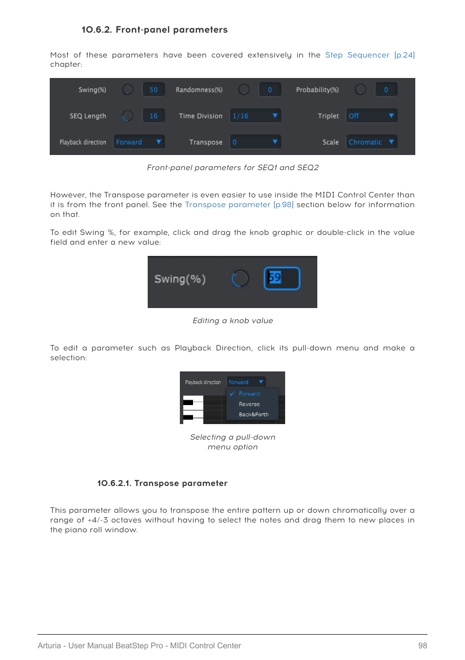 Front-panel parameters, Transpose parameter | Arturia BeatStep Pro MIDI/Analog Controller and Sequencer Kit with CV/Gate Cables (Black) User Manual | Page 103 / 137