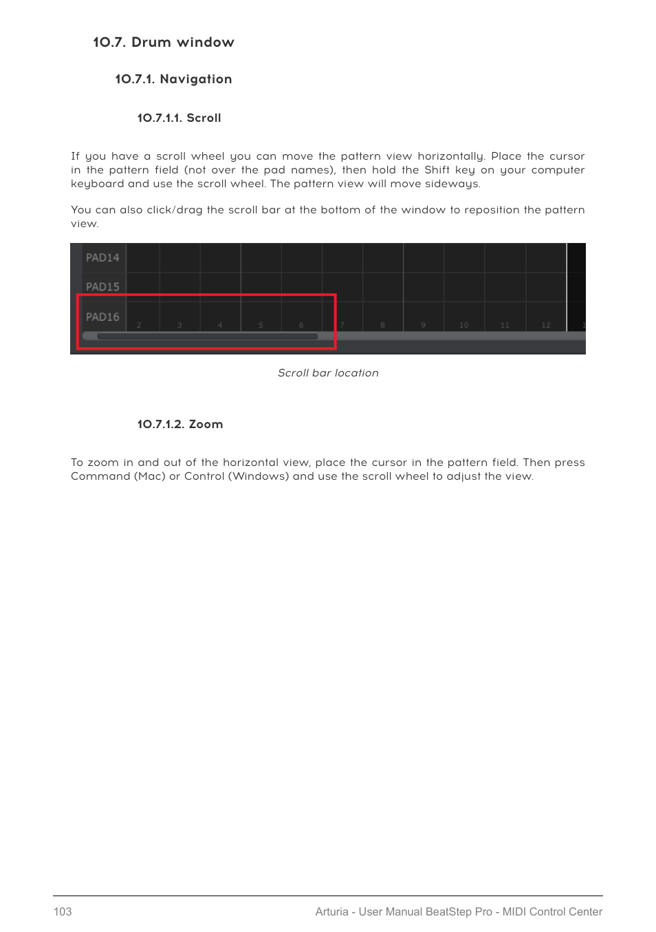 Drum window, Navigation, Scroll | Zoom, Drum window [p.103 | Arturia BeatStep Pro MIDI/Analog Controller and Sequencer Kit with CV/Gate Cables (Black) User Manual | Page 108 / 137
