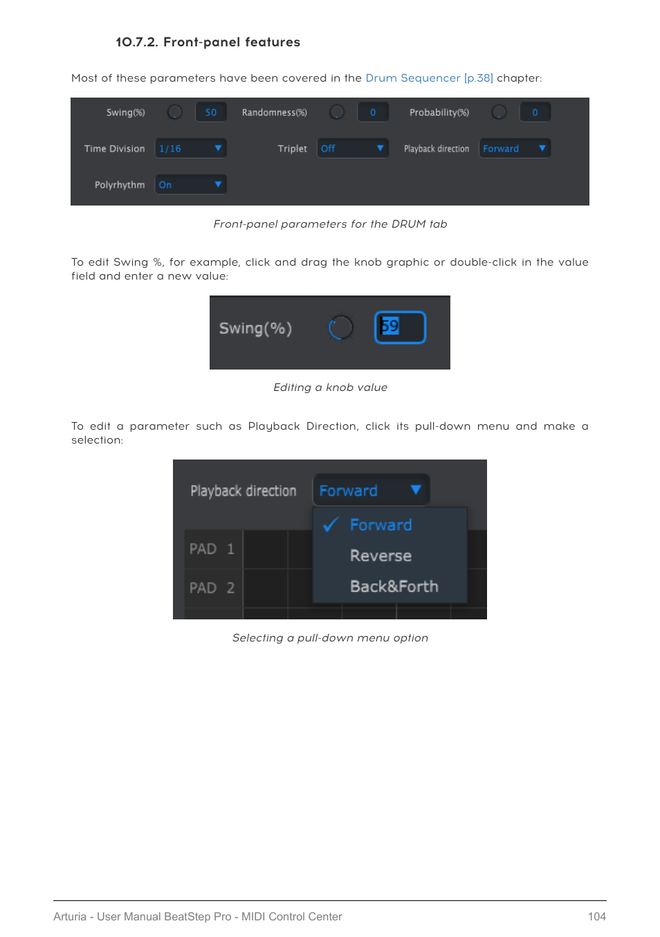 Front-panel features | Arturia BeatStep Pro MIDI/Analog Controller and Sequencer Kit with CV/Gate Cables (Black) User Manual | Page 109 / 137