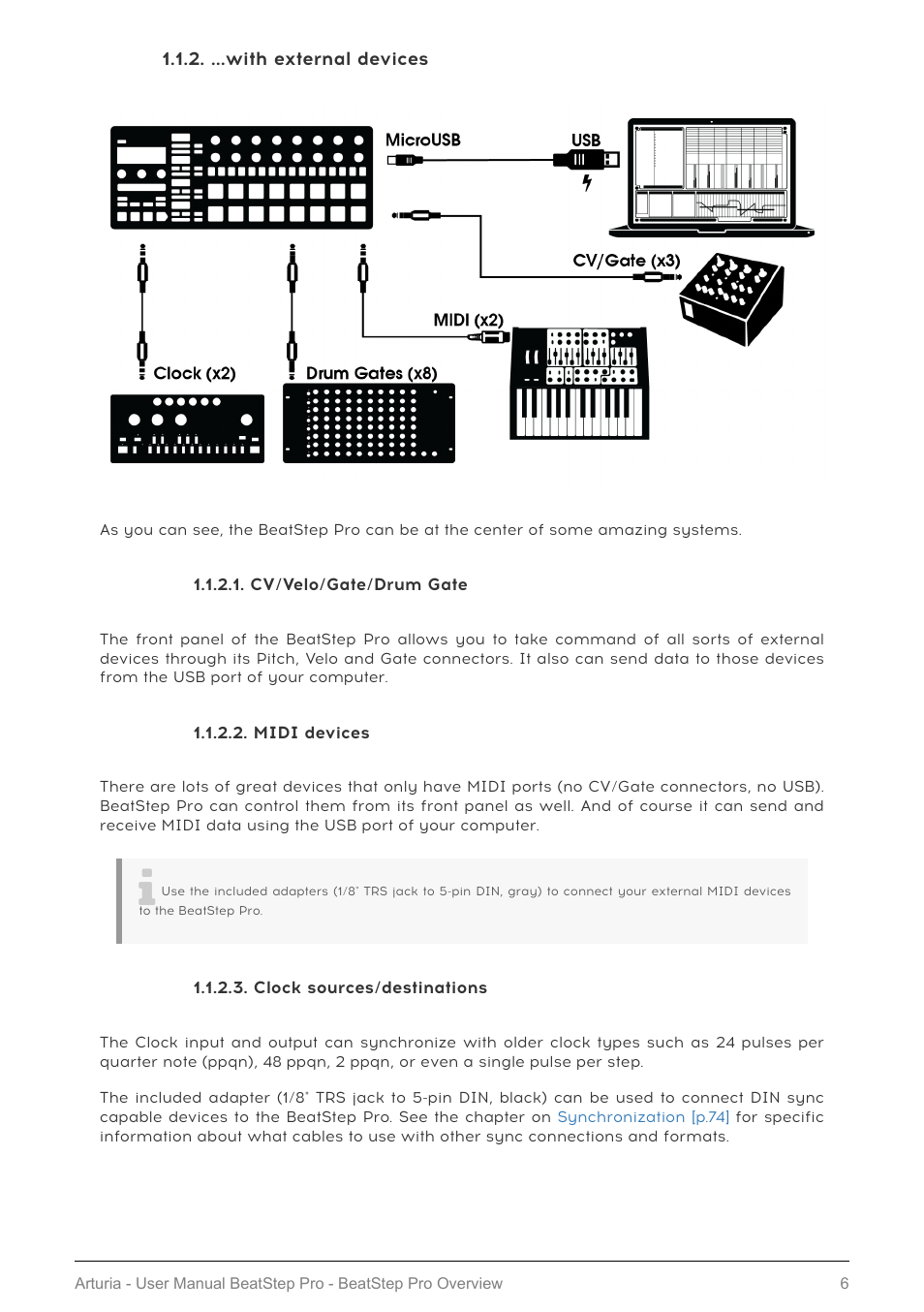 With external devices, Cv/velo/gate/drum gate, Midi devices | Clock sources/destinations | Arturia BeatStep Pro MIDI/Analog Controller and Sequencer Kit with CV/Gate Cables (Black) User Manual | Page 11 / 137