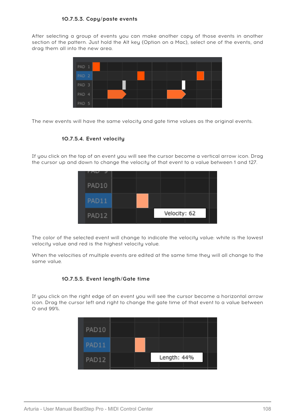 Copy/paste events, Event velocity, Event length/gate time | Arturia BeatStep Pro MIDI/Analog Controller and Sequencer Kit with CV/Gate Cables (Black) User Manual | Page 113 / 137