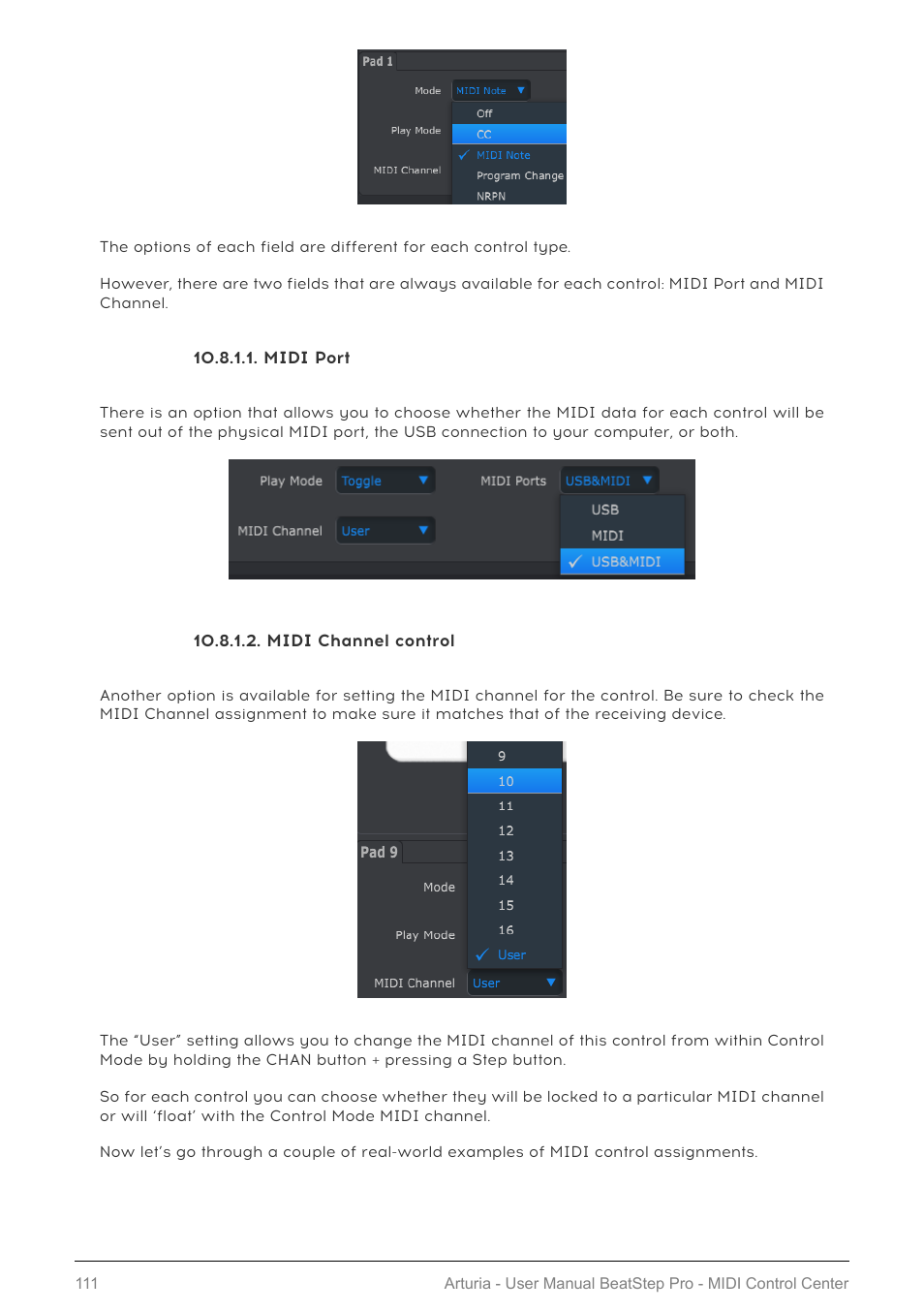 Midi port, Midi channel control, Midi channel control [p.111 | Arturia BeatStep Pro MIDI/Analog Controller and Sequencer Kit with CV/Gate Cables (Black) User Manual | Page 116 / 137