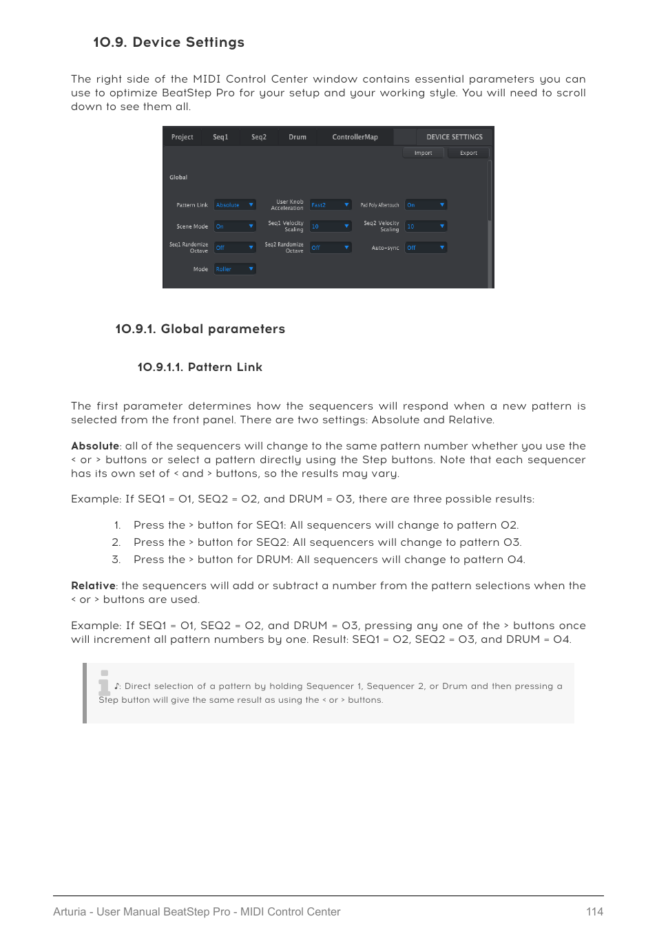 Device settings, Global parameters, Pattern link | Pattern link [p.114, P.114 | Arturia BeatStep Pro MIDI/Analog Controller and Sequencer Kit with CV/Gate Cables (Black) User Manual | Page 119 / 137
