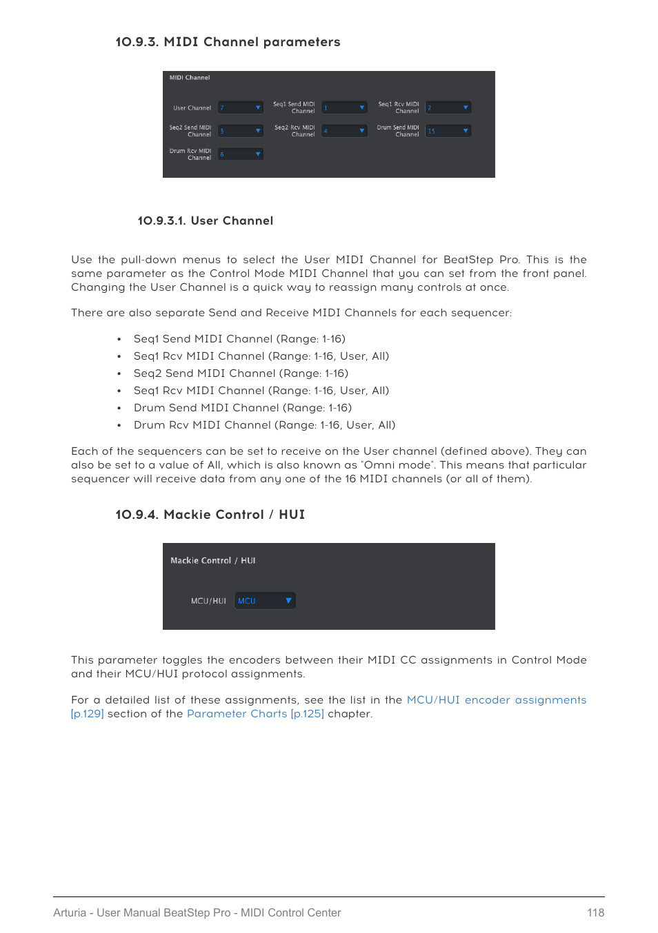 Midi channel parameters, User channel, Mackie control / hui | Midi channel, Parameters [p.118 | Arturia BeatStep Pro MIDI/Analog Controller and Sequencer Kit with CV/Gate Cables (Black) User Manual | Page 123 / 137