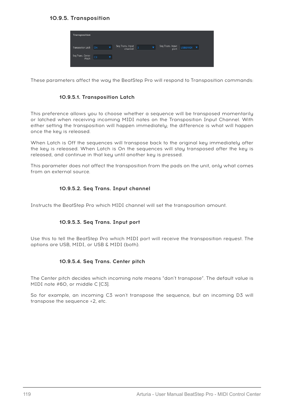 Transposition, Transposition latch, Seq trans. input channel | Seq trans. input port, Seq trans. center pitch | Arturia BeatStep Pro MIDI/Analog Controller and Sequencer Kit with CV/Gate Cables (Black) User Manual | Page 124 / 137