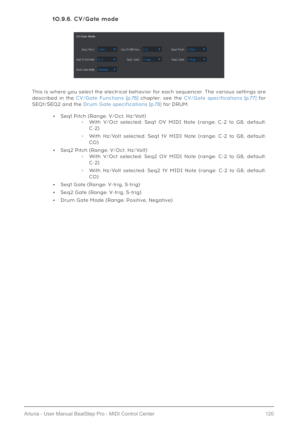 Cv/gate mode | Arturia BeatStep Pro MIDI/Analog Controller and Sequencer Kit with CV/Gate Cables (Black) User Manual | Page 125 / 137