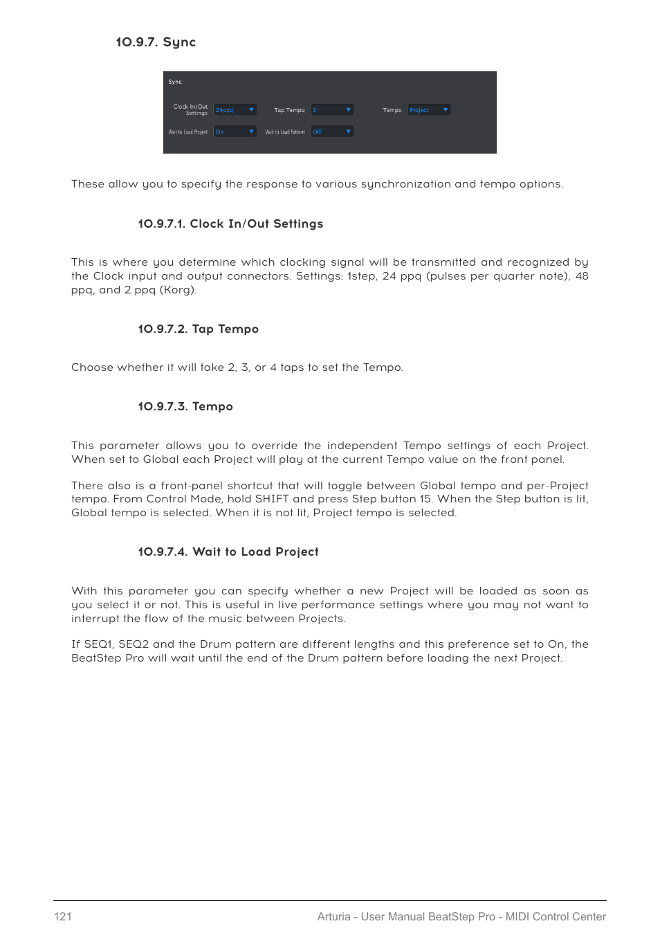 Sync, Clock in/out settings, Tap tempo | Tempo, Wait to load project, Sync [p.121, Wait to load project [p.121 | Arturia BeatStep Pro MIDI/Analog Controller and Sequencer Kit with CV/Gate Cables (Black) User Manual | Page 126 / 137